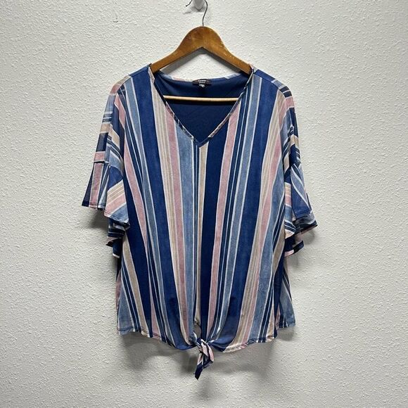 Cocomo Women’s Blue Pink Striped Tie Front Ruffle Sleeve V Neck Top Size 2X - Picture 1 of 11